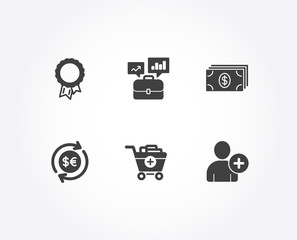 Set of Banking, Add products and Money currency icons. Success, Business portfolio and Add user signs. Money payment, Shopping cart, Cash change. Award reward, Job interview, Profile settings. Vector