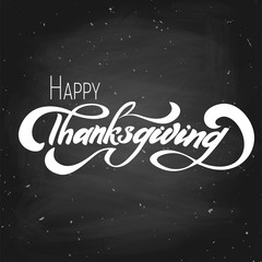 Hand drawn Happy Thanksgiving typography lettering poster. Celebration quote on textured background for postcard, icon, logo or badge. Autumn celebration vector vintage calligraphy text with wreath