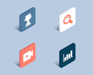 Set of Video camera, Search and Award cup icons. Report diagram sign. Movie or cinema, Magnifying glass, Trophy. Financial market.  3d isometric buttons. Flat design concept. Vector