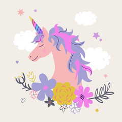 Obraz na płótnie Canvas Vector cute illustration of unicorn with flowers. Modern magical greeting card or poster.