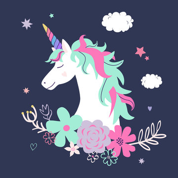 Fototapeta Vector cute illustration of unicorn with flowers. Modern magical greeting card or poster.
