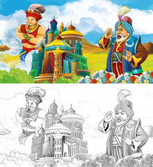 cartoon scene with prince or king with traveling near arabian castle looking at magic lamp and giant jinn flying behind the castle - with artistic coloring page - illustration for children
