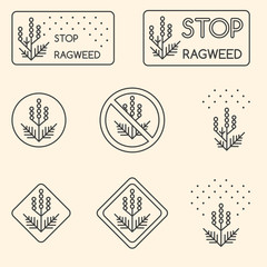 Set of minimalist linear signs about ragweed, dangerous weed, allergy cause