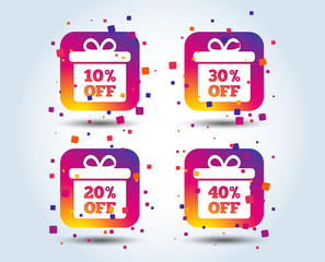 Sale gift box tag icons. Discount special offer symbols. 10%, 20%, 30% and 40% percent off signs. Colour gradient square buttons. Flat design concept. Vector