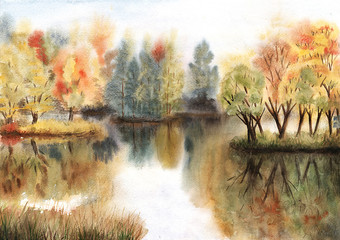 Watercolor autumn landscape with trees on islands and their reflections in a lake - 220933800