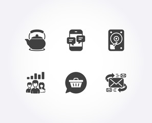Set of Teamwork results, Teapot and Shopping cart icons. Phone messages, Hdd and E-mail signs. Group work, Tea kettle, Dreaming of gift. Mobile chat, Hard disk, Communication by letters. Vector