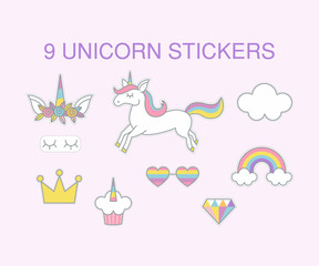 9 unicorn stickers, vector design for greeting, birthday, invitation card, Unicorn, rainbow, sweets and other objects with light pink background.