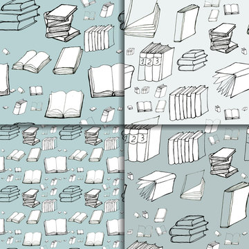Seamless vector doodle pattern set with books. Four library hand drawn sketchy backgrounds. Reading and education concept.