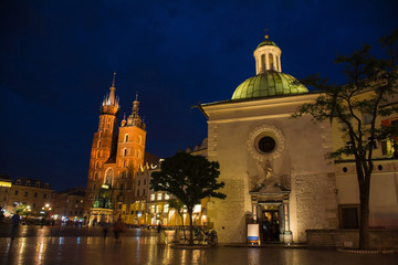 The historic Rynek Glowny square in old town Krakow at night
