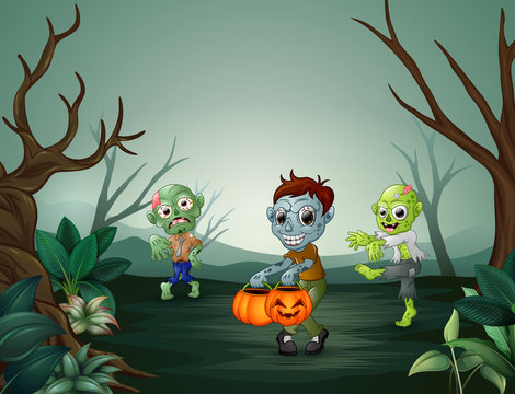 Happy zombie celebrating halloween in forest