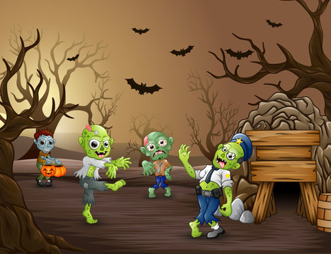 Halloween zombie walking in the dead forest