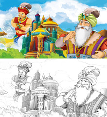 cartoon scene with prince or king with traveling near arabian castle looking at magic lamp and giant jinn flying behind the castle - with artistic coloring page - illustration for children