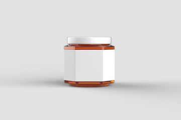 Honey in jar mock up isolated on soft gray background with white label. 3D illustration