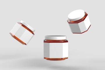 Honey in jar mock up isolated on soft gray background with white label. 3D illustration - obrazy, fototapety, plakaty