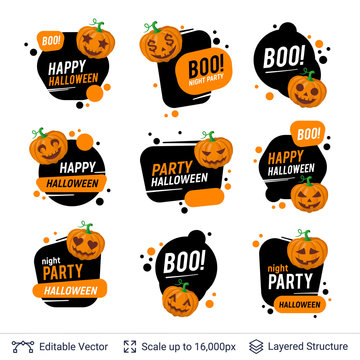 Halloween badges set. Carved pumpkins and text.