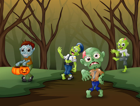 Little zombie walking on forest in a halloween