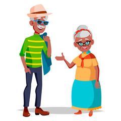 Elderly Couple Vector. Grandfather And Grandmother. Silver Hair. Senior Lady And Gentleman. Black, Afro American. Isolated Flat Cartoon Illustration