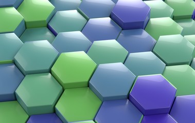 blue and green hexagon background perspective, 3d illustration