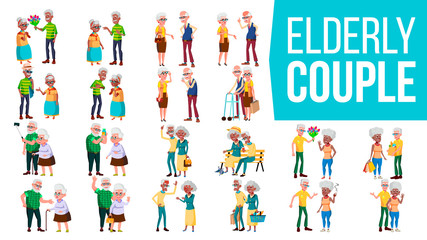 Elderly Couple Set Vector. Grandpa With Grandmother. Lifestyle. Elderly Family. Grey-haired Characters. Social Concept. Senior. Couple Of Elderly People. Afro American, European. Isolated Flat Cartoon