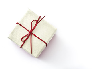 White gift box isolated on white background. Top view. Copyspace