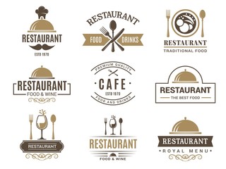 Vintage logotypes and various symbols for design of restaurant menu. Label and logo cafe vintage, badge and emblem cafe. Vector illustration