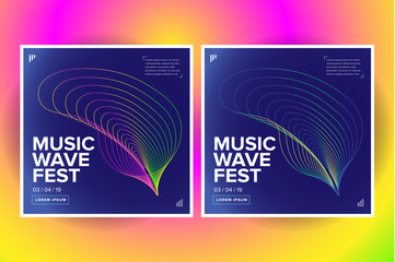 	
2 Music wave poster design. Sound flyer with abstract gradient line waves. Isolated vector illustration.
