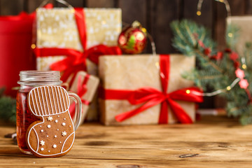 gingerbread. gifts and holiday, happy New Year. festive background. . food background. top view