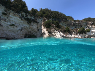 Sea level underwater photo of tropical caribbean paradise turquoise beach in exotic island located in an ocean