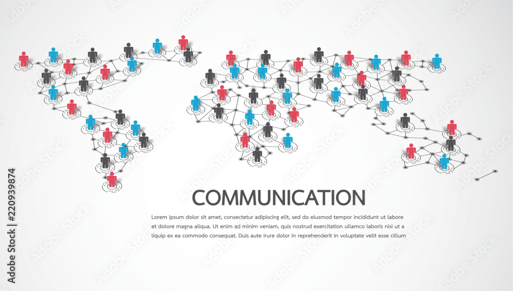 Poster connecting people with world map point and line composition concept of global business. social netwo