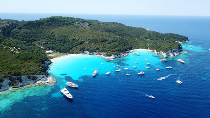 Aerial drone bird's eye view photo of iconic tropical paradise beaches of Voutoumi and Vrika with turquoise clear sea, Antipaxos island, Ionian, Greece