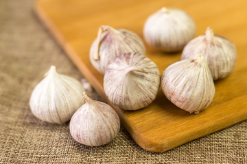 Garlic lies on a cutting Board on linen fabric.