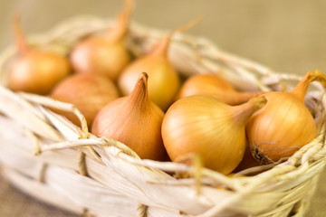 A wicker basket filled with onions.