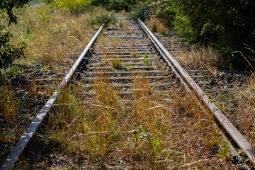 Obraz premium Stillgelegte Eisenbahnschiene mit Verbindungsteilen und Holzbohlen