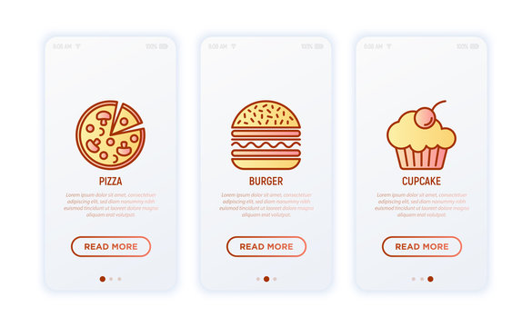 Bakery thin line icons set: pizza, burger, cupcake. Modern vector illustration.