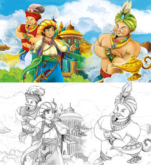 cartoon scene with prince or king with traveling near arabian castle looking at two giant jinns flying around the castle with artistic coloring page - illustration for children
