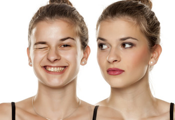 Comparison portrait of young woman before, and after makeup on white background