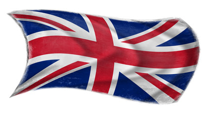  The flag of Great Britain waving from the wind, proudly waving in the wind with traces of use in battle and destruction from difficult warfare 