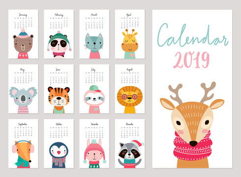 Calendar 2019. Cute monthly calendar with animals. Hand drawn characters.