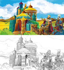 cartoon scene with princes or kings traveling near arabian castle on camels - illustration for children