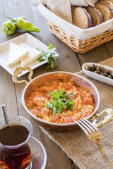 Turkish Breakfast, scrambled egg on pan and 