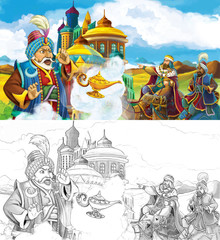 Obraz na płótnie Canvas cartoon scene with prince or king traveling near arabian castle meeting some travelers on camels and flying jinn - illustration for children