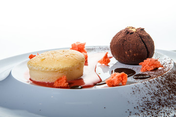 closeup delicious truffle dessert of with sauce decoration