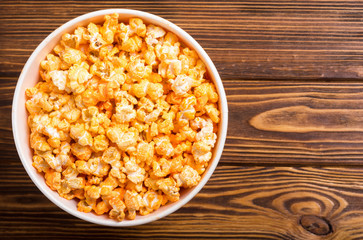 Yellow cheese popcorn in bowl