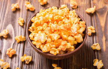 Yellow cheese popcorn in bowl