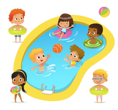 Pool party characters. Multiracial boys and girls wearing swimming suits and rings have fun in pool. African-American Girl standing with ball. Cartoon characters. Vector isolated.
