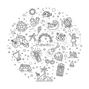Tropical summer, hawaii icon set with white background