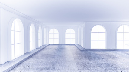 Light white empty interior with stone floor. 3d illustration, 3d rendering.