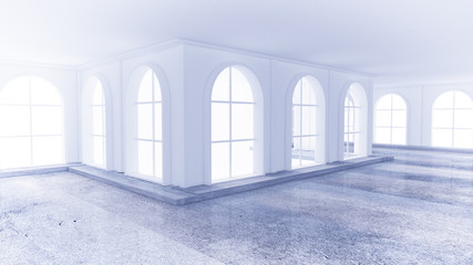 Light white empty interior with stone floor. 3d illustration, 3d rendering.