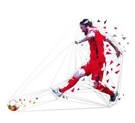 Football player in red jersey passing ball, side view. Geometric vector illustration