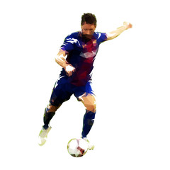 Soccer player kicking ball, polygonal vector illustration. Front view. Footballer